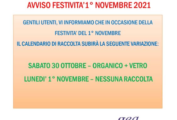 RACCOLTA RSU FESTIVITÀ 1 NOVEMBRE 2021