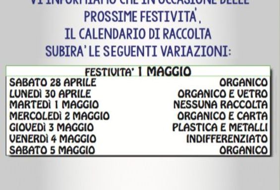 Variazione raccolta differenziata 1 maggio.