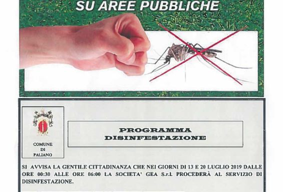 Disinfestazione 13 e 20 luglio 2019.