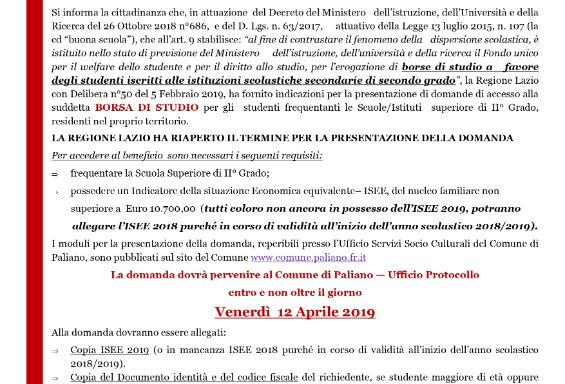 Riapertura termini bando borse di studio A.S. 2018/2019