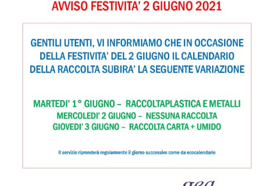 2 Giugno: variazioni raccolta differenziata