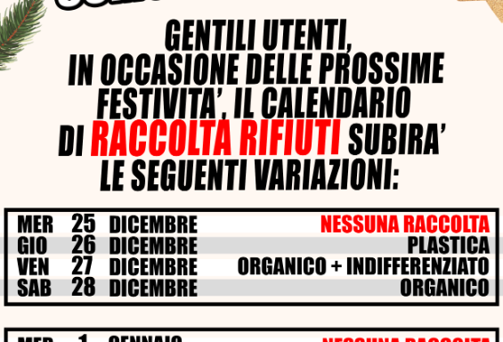 Avviso: variazione raccolta rifiuti